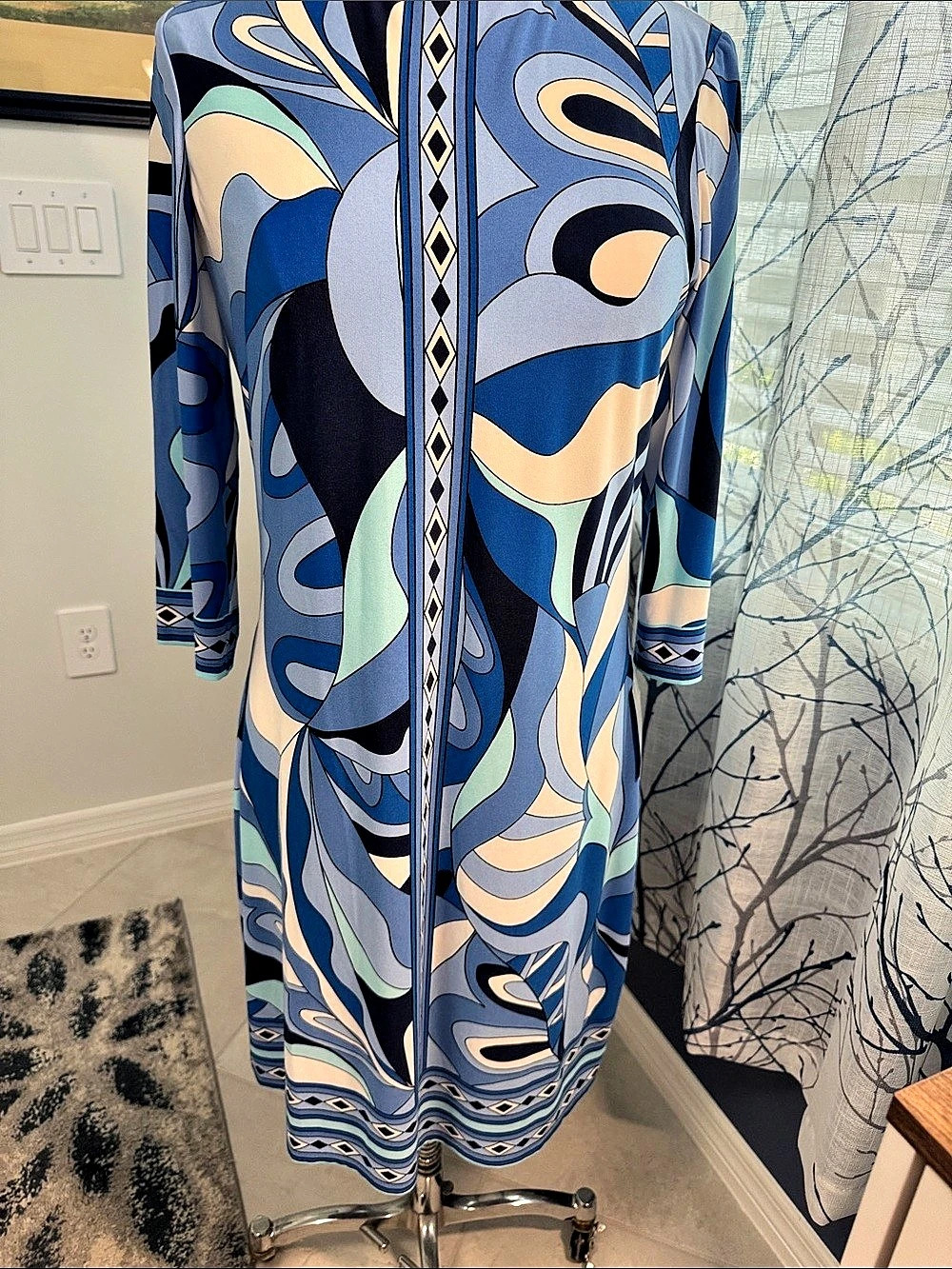 London Times Abstract Midi Dress in Blue & White Size Large NWT